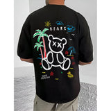 Black cotton blend men's printed round neck half sleeve t-shirt, casual style on model