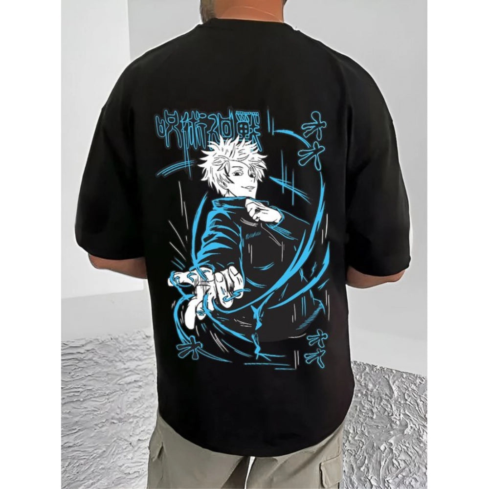 Black cotton blend men's t-shirt with printed round neck and half sleeves