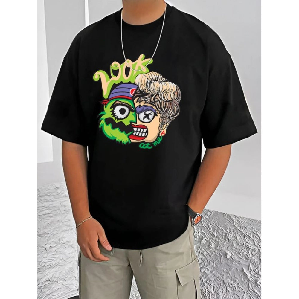 Black cotton blend men's casual t-shirt with printed design, half sleeve style on display