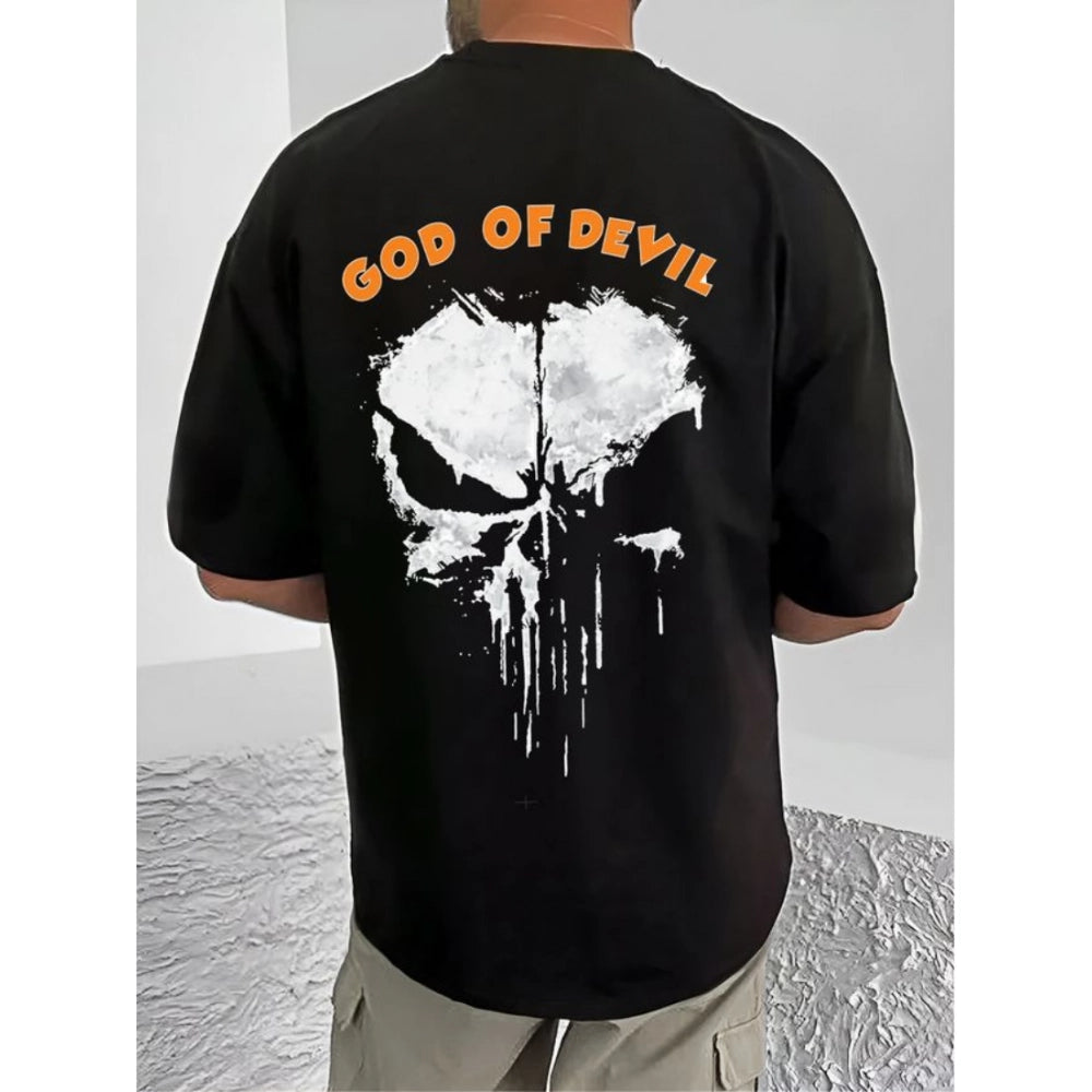 Black cotton blend men's casual printed round neck half sleeve t-shirt with graphic design