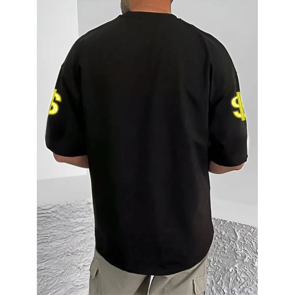 Black cotton blend men's t-shirt with printed design, round neck, half sleeves