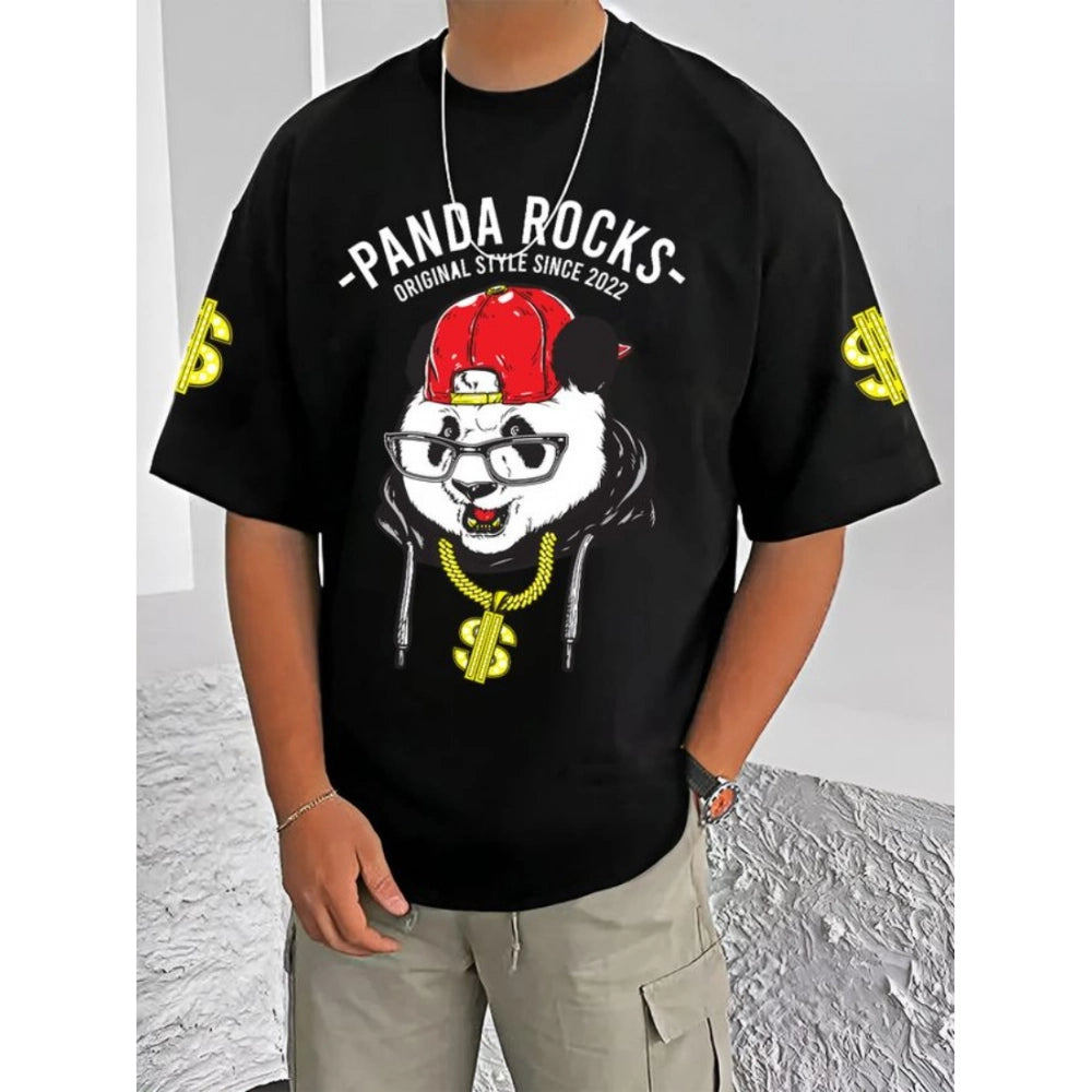 Black cotton blend men's casual printed round neck t-shirt with half sleeves, featuring vibrant design