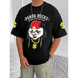 Black cotton blend men's casual printed round neck t-shirt with half sleeves, featuring vibrant design