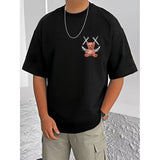 Black cotton blend men's casual t-shirt with printed design, half sleeve style