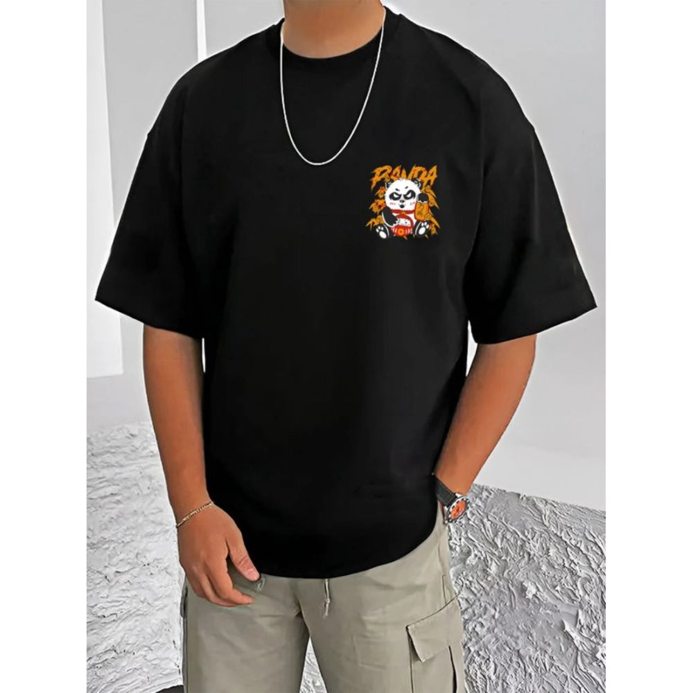 Black cotton blend men's t-shirt with printed design, casual round neck half sleeve
