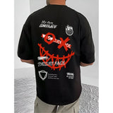 Black cotton blend men's casual printed round neck half sleeve t-shirt, vibrant design on display