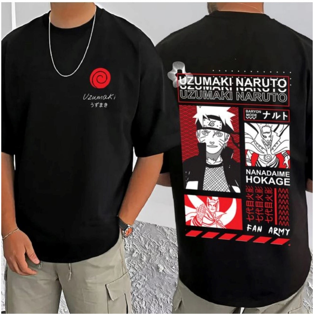 Black cotton blend men's casual printed round neck half sleeve t-shirt (patterned)