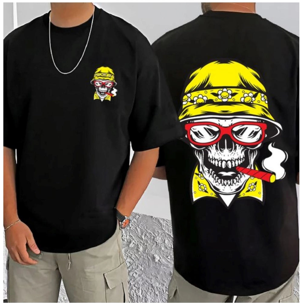 Black cotton blend men's printed round neck half sleeve t-shirt with casual design