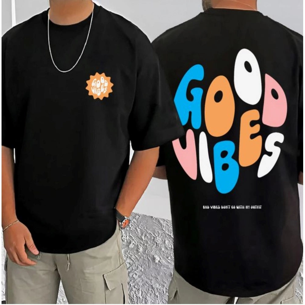 Black cotton blend men's t-shirt with printed design, round neck, half sleeves
