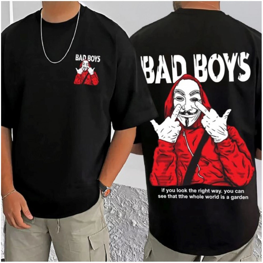 Black cotton blend men's t-shirt with printed design, half sleeve & round neck