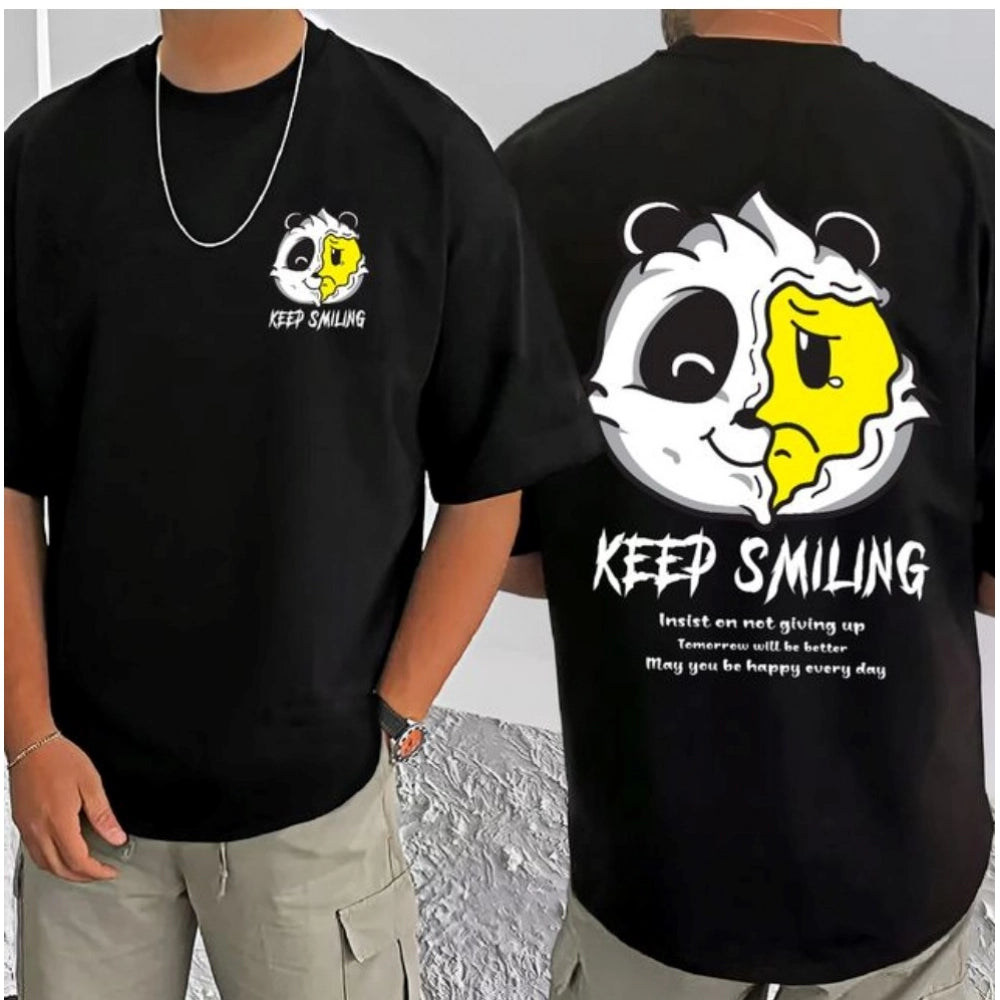 Black cotton blend men's casual printed round neck half sleeve t-shirt with vibrant design