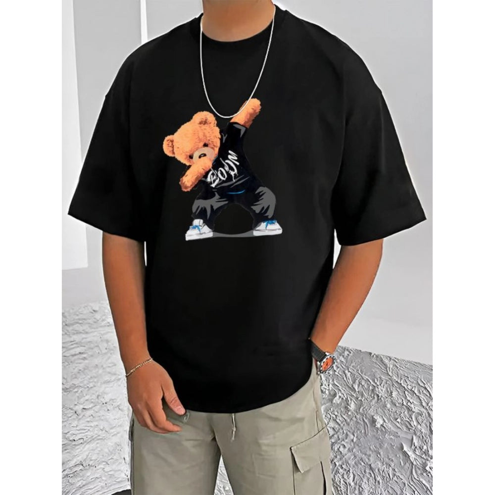 Black cotton blend men's t-shirt with printed design, round neck, half sleeves
