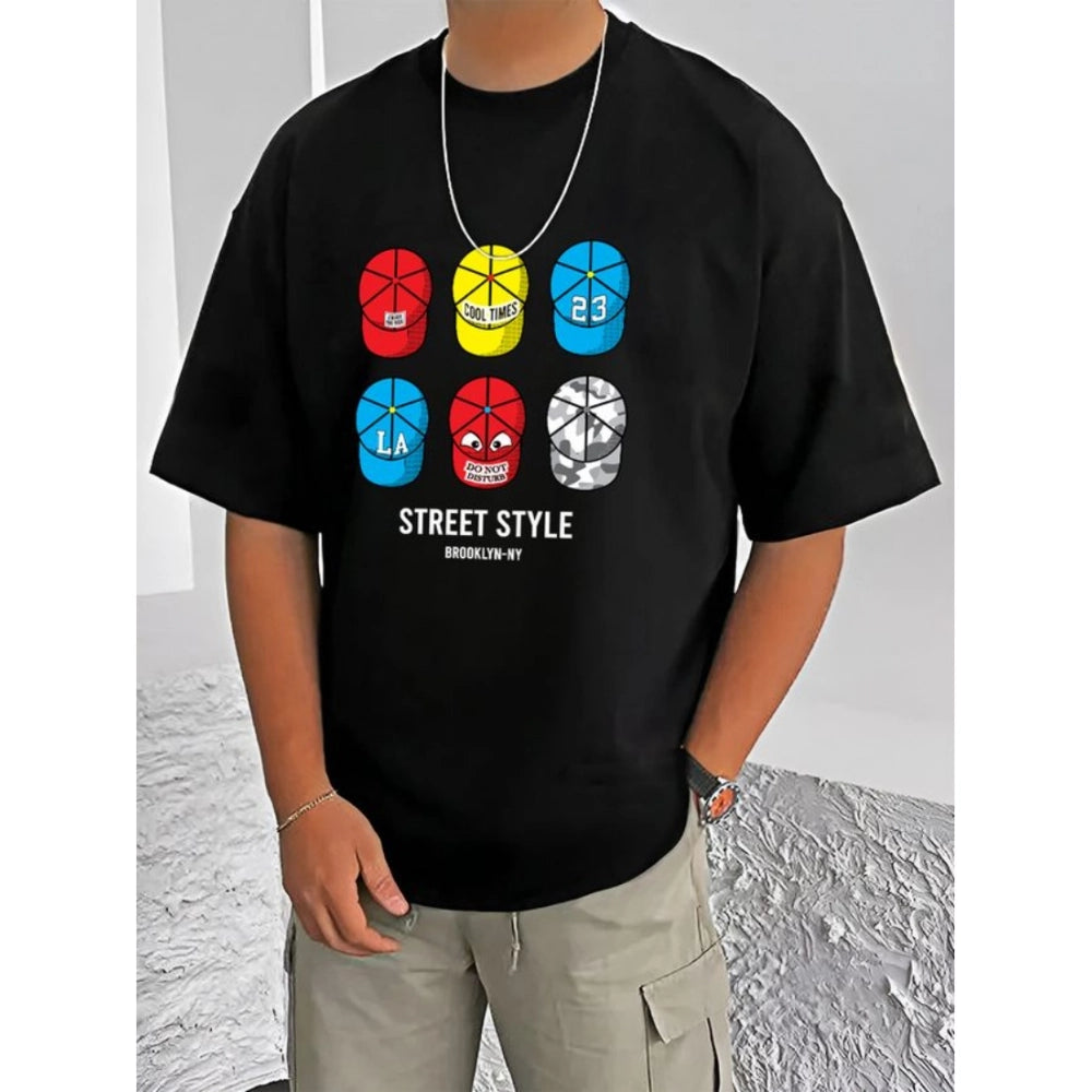 Black cotton blend men's casual printed round neck half sleeve t-shirt, vibrant pattern detail