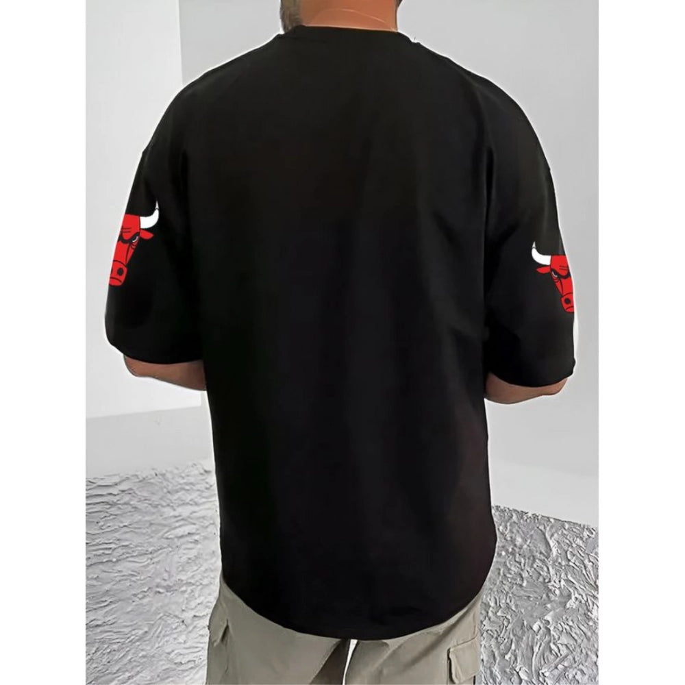 Black cotton blend men's t-shirt with printed design, casual round neck half sleeve