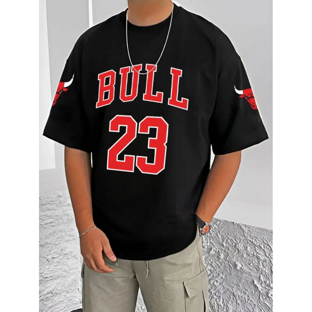 Black cotton blend men's t-shirt with printed design, half sleeve & round neck