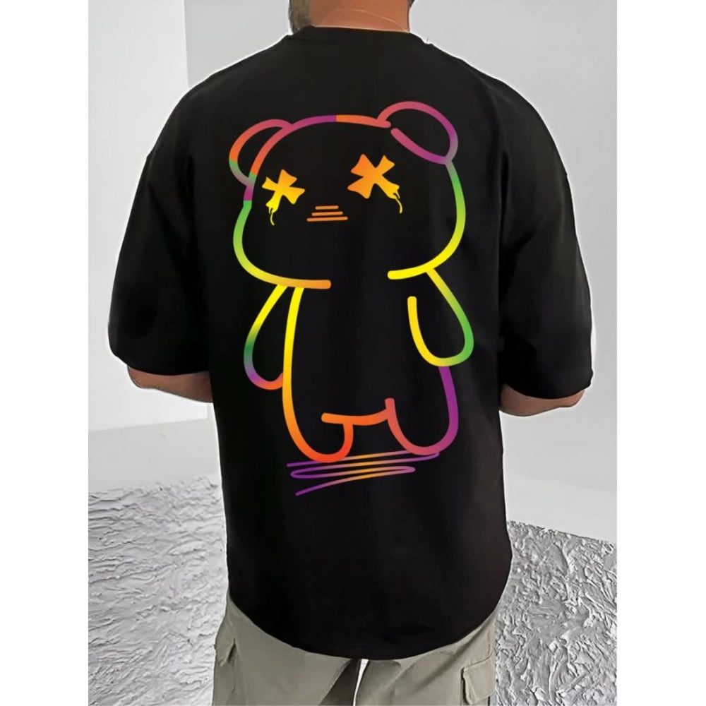 Black cotton blend men's t-shirt with printed design, half sleeve and round neck