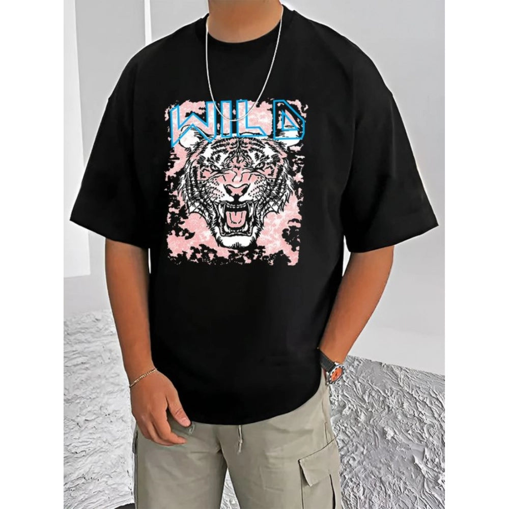 Black cotton blend men's t-shirt with printed design, half sleeve style