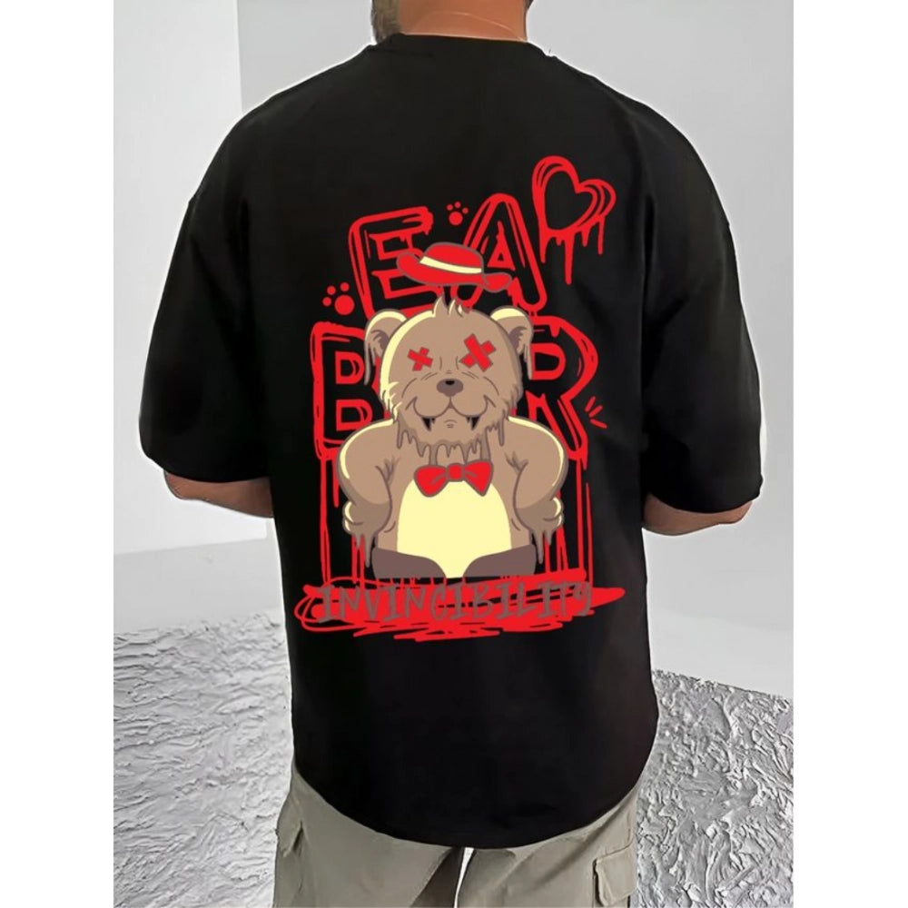 Black cotton blend men's casual t-shirt with printed design, round neck and half sleeves