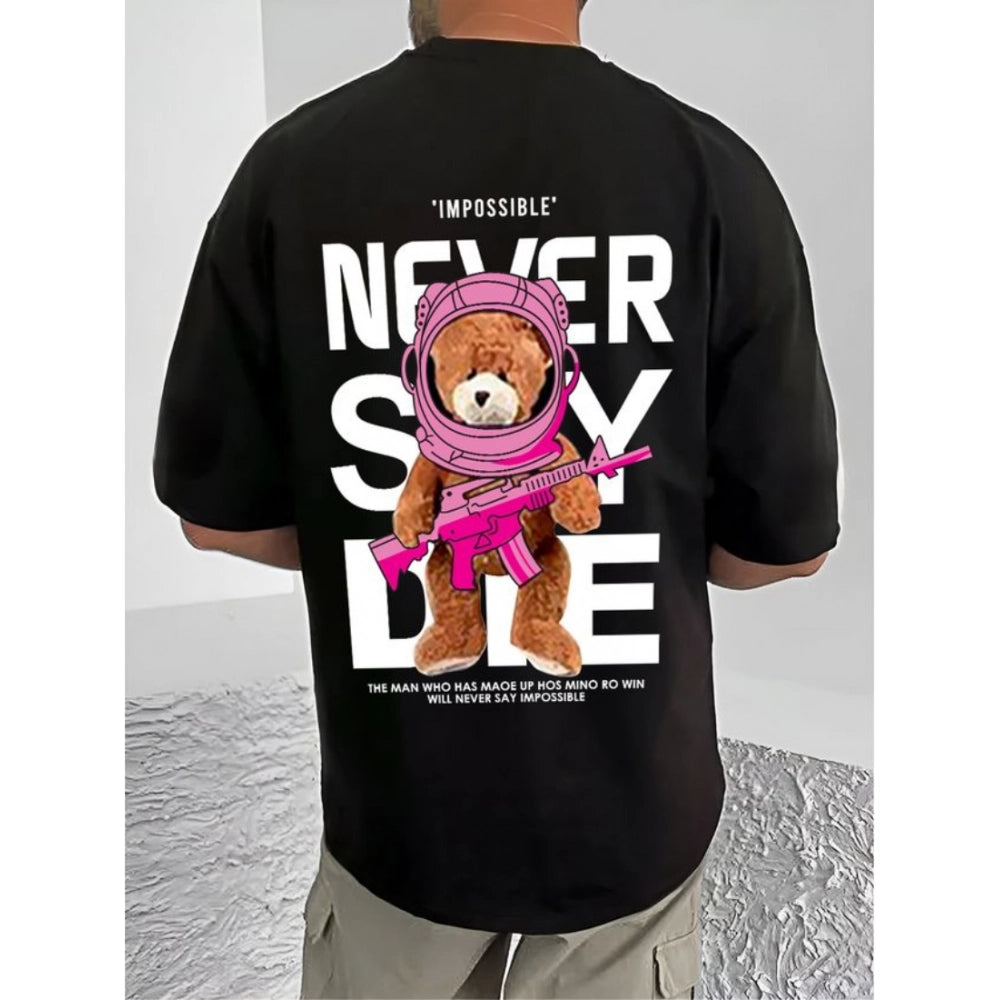 Black cotton blend men's t-shirt with printed design, round neck and half sleeves