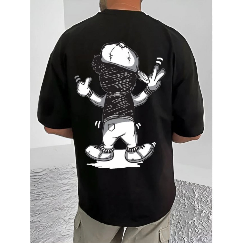 Black cotton blend men's casual printed round neck half sleeve t-shirt