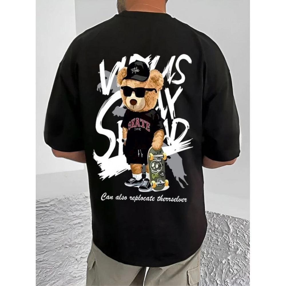 Black cotton blend men's casual printed round neck t-shirt with half sleeves