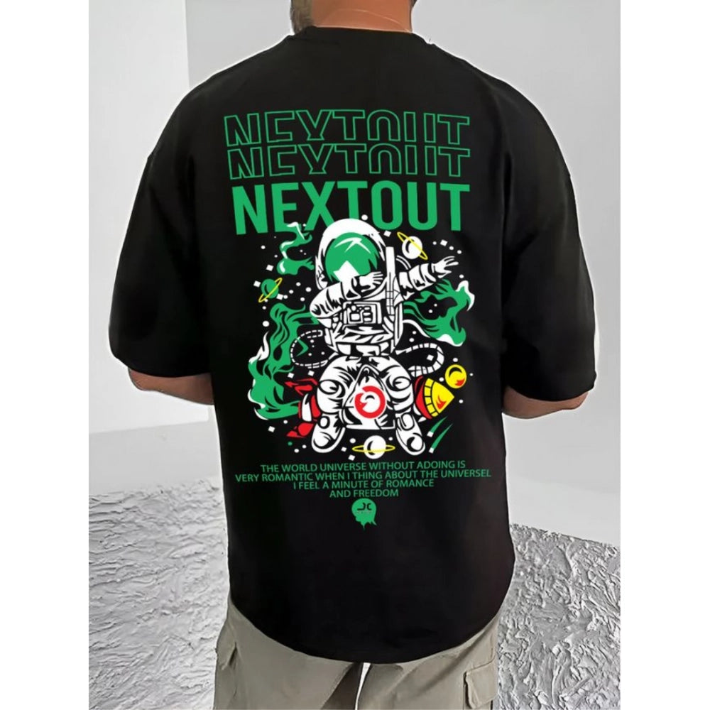 Black cotton blend men's casual printed round neck half sleeve t-shirt