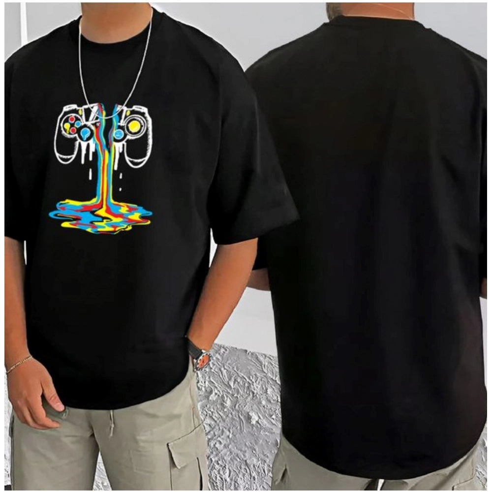 Black cotton blend men's casual t-shirt with printed design, half sleeve style