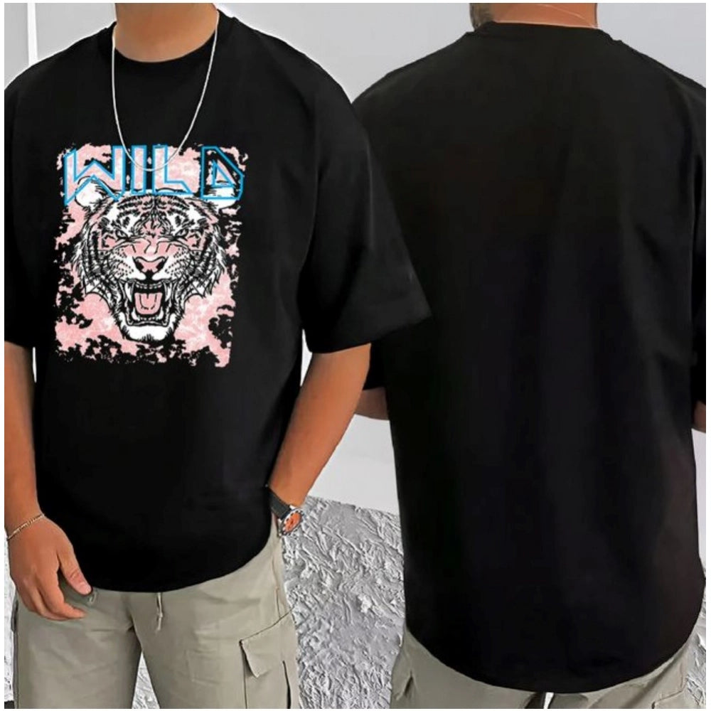 Black cotton blend men's t-shirt with printed round neck and half sleeves