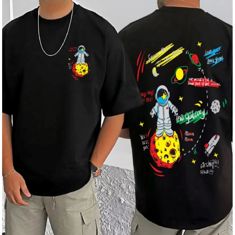Black cotton blend men's t-shirt with printed design, round neck, half sleeves - casual wear accessory for men