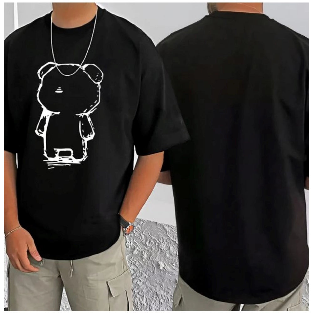 Black cotton blend men's printed round neck half sleeve t-shirt