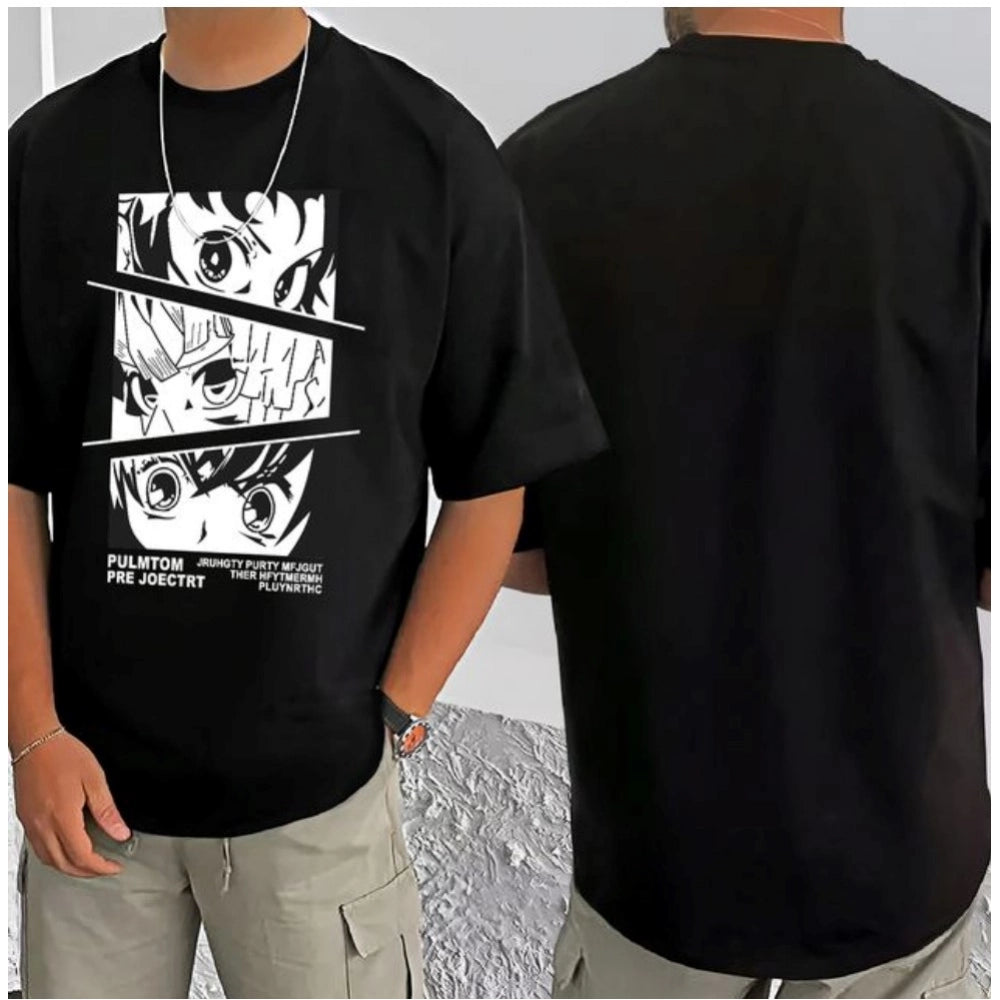 Black cotton blend men's t-shirt with printed design, half sleeve & round neck