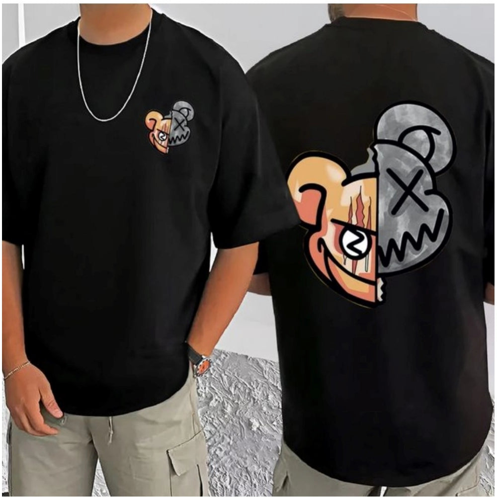 Black cotton blend men's casual t-shirt with printed design, half sleeve