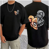 Black cotton blend men's casual t-shirt with printed design, half sleeve