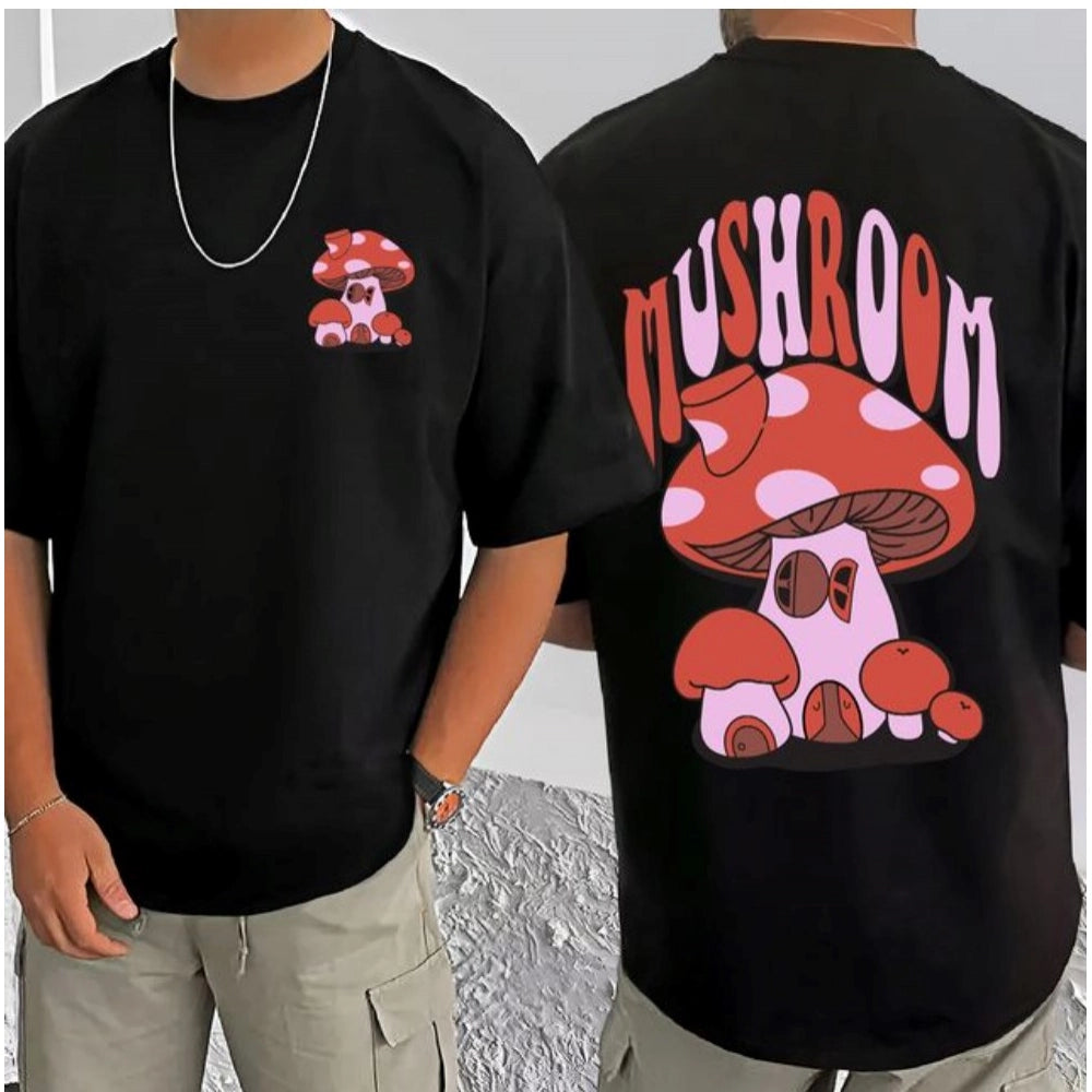 Black cotton blend men's casual t-shirt with printed design, half sleeve