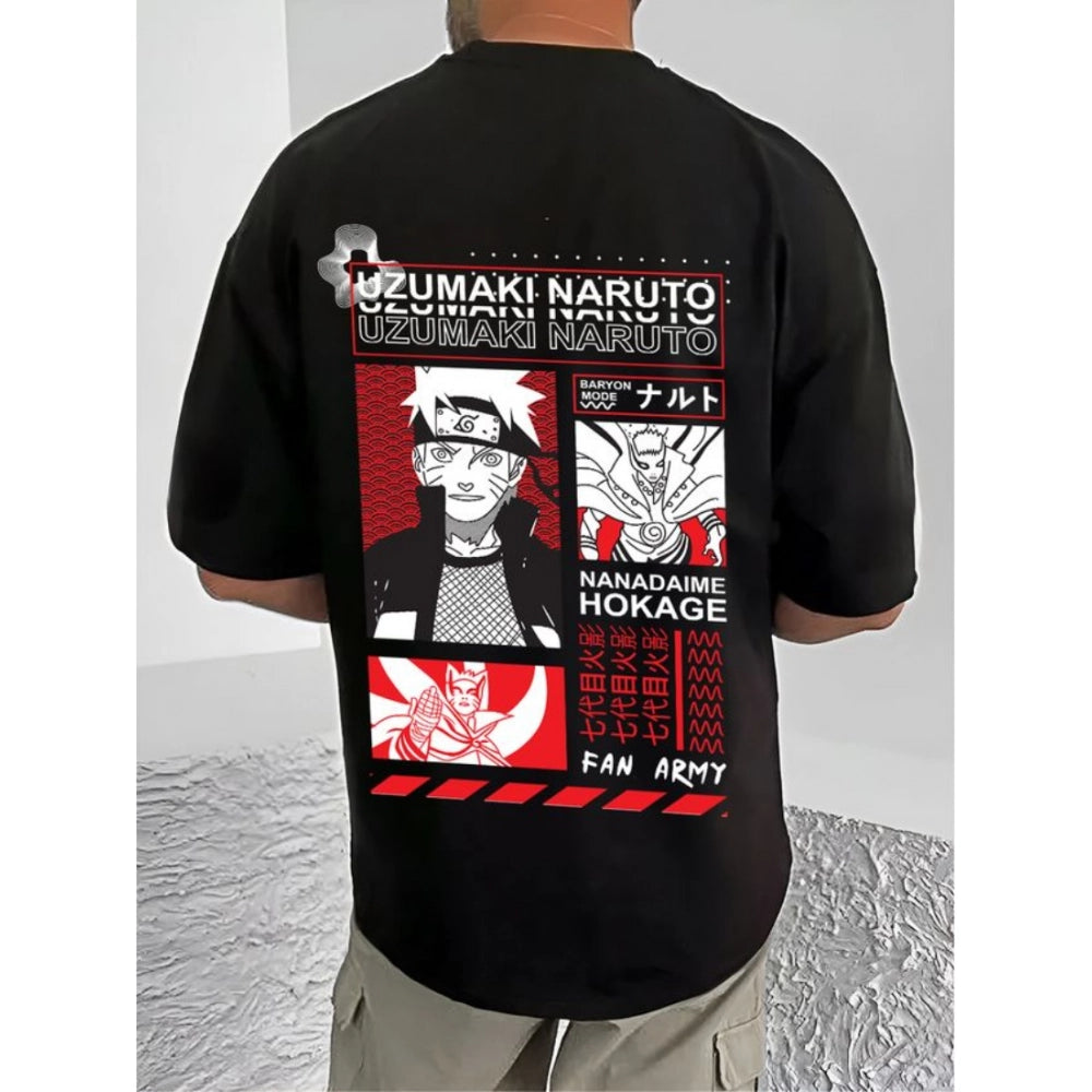 Black cotton blend men's casual tee with printed round neck, half sleeves