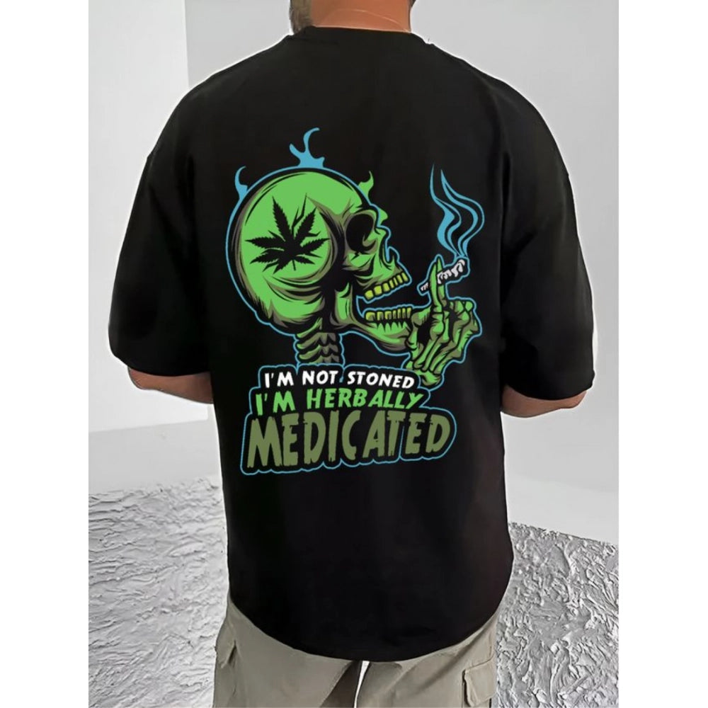 Black cotton blend men's t-shirt with printed design, half sleeve and round neck style