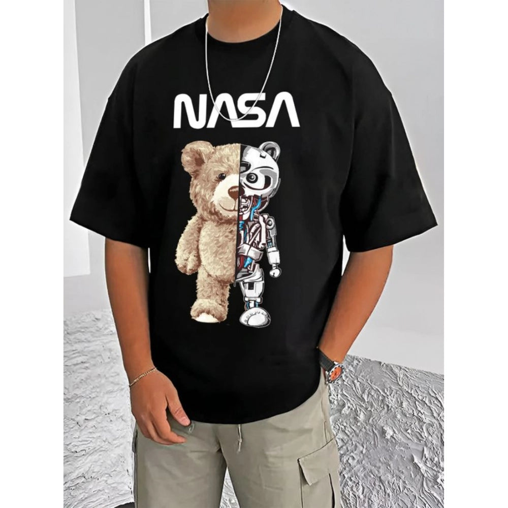 Black cotton blend men's printed round neck half sleeve t-shirt - casual wear