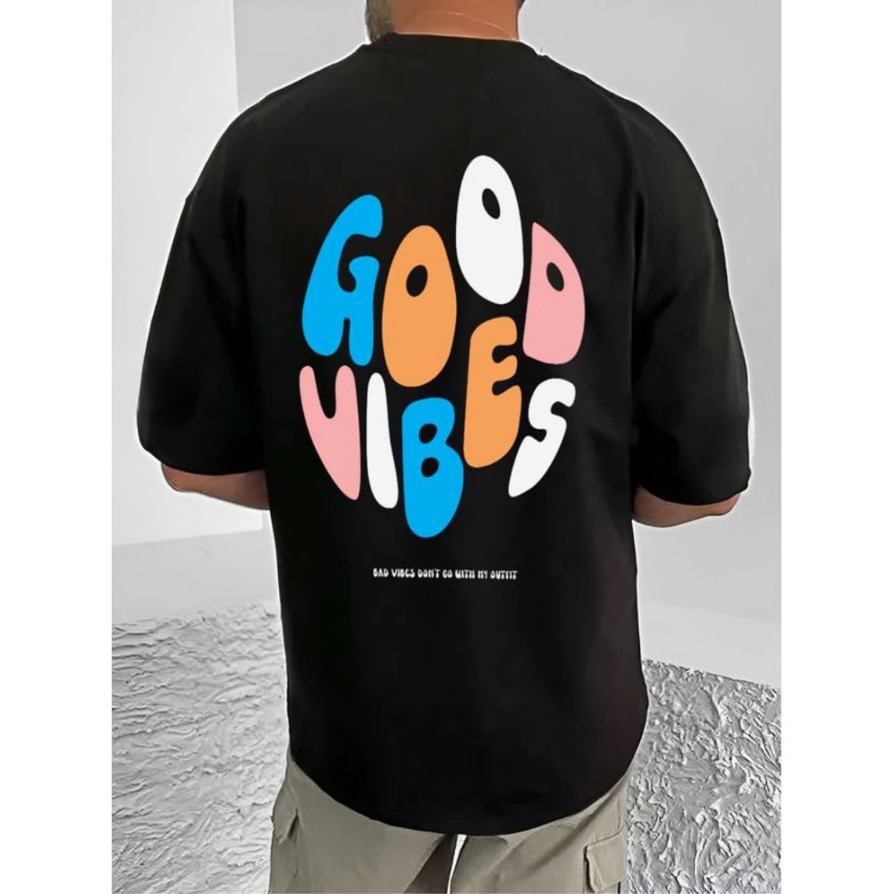Black cotton blend men's casual printed round neck half sleeve t-shirt, featuring vibrant graphic design