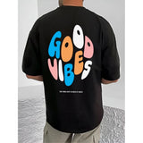 Black cotton blend men's casual printed round neck half sleeve t-shirt, featuring vibrant graphic design