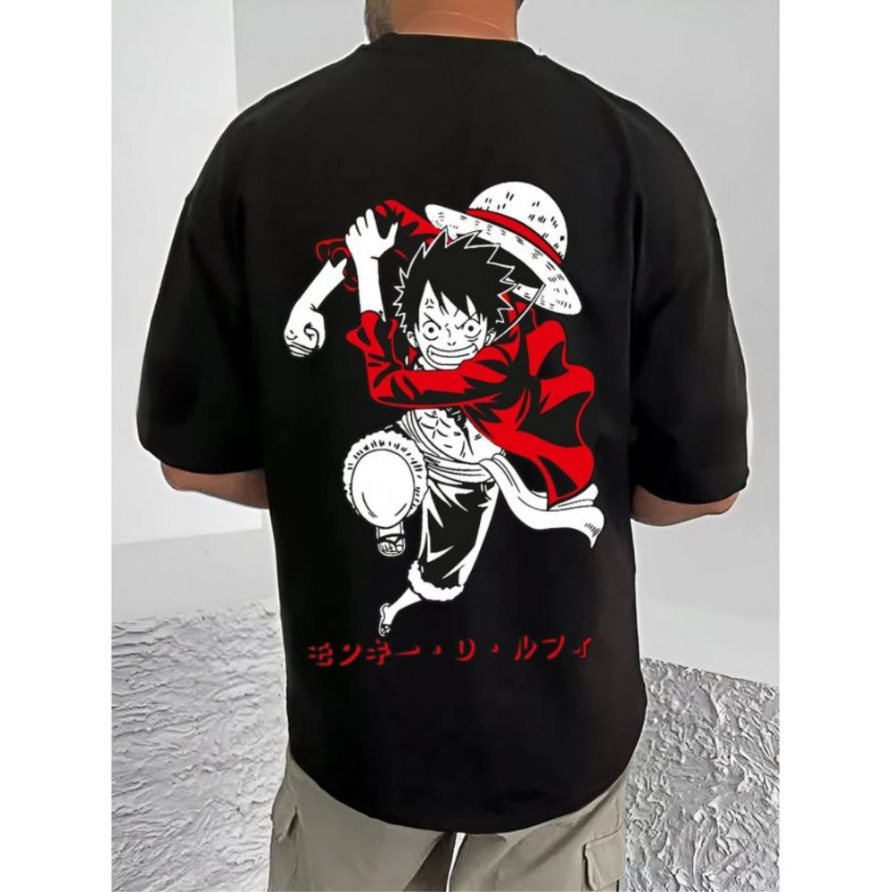 Black cotton blend men's casual t-shirt with printed round neck and half sleeves