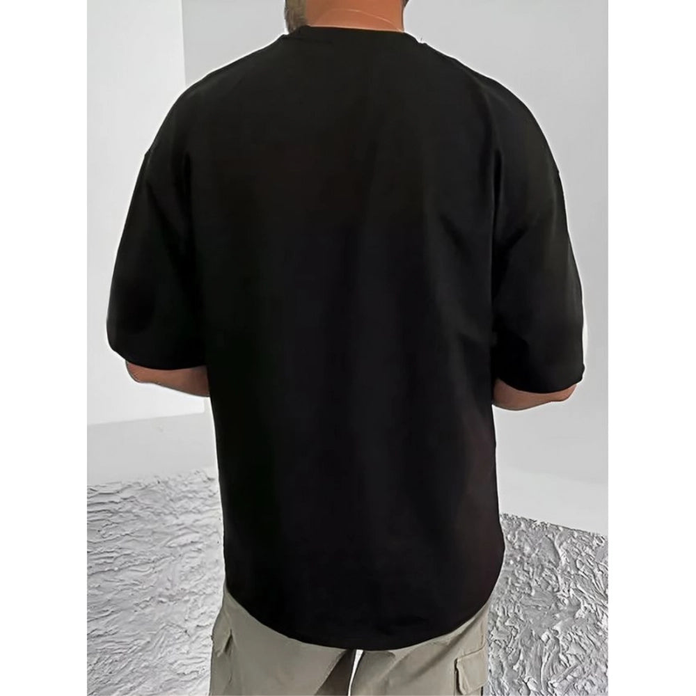 Black cotton blend men's casual printed round neck half sleeve t-shirt with vibrant design