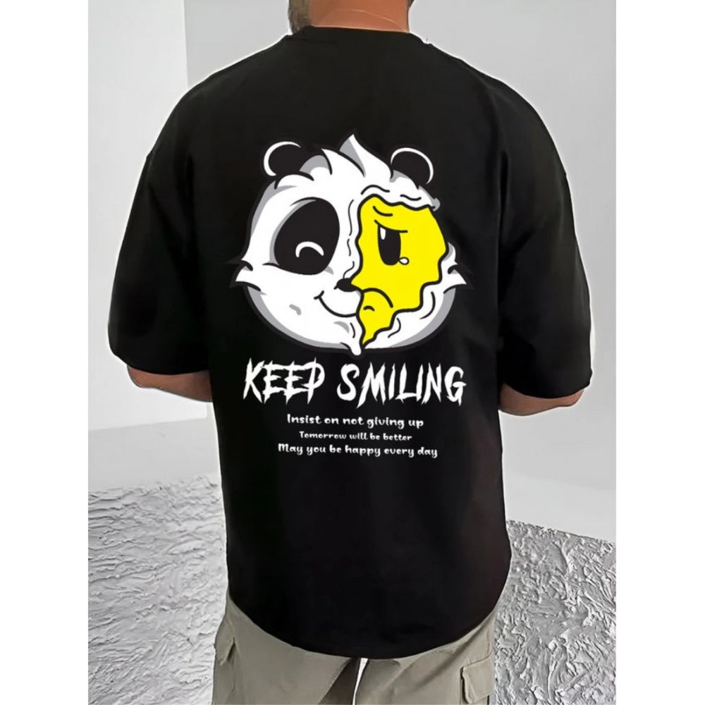 Black cotton blend men's printed round neck half sleeve t-shirt, casual style for everyday wear