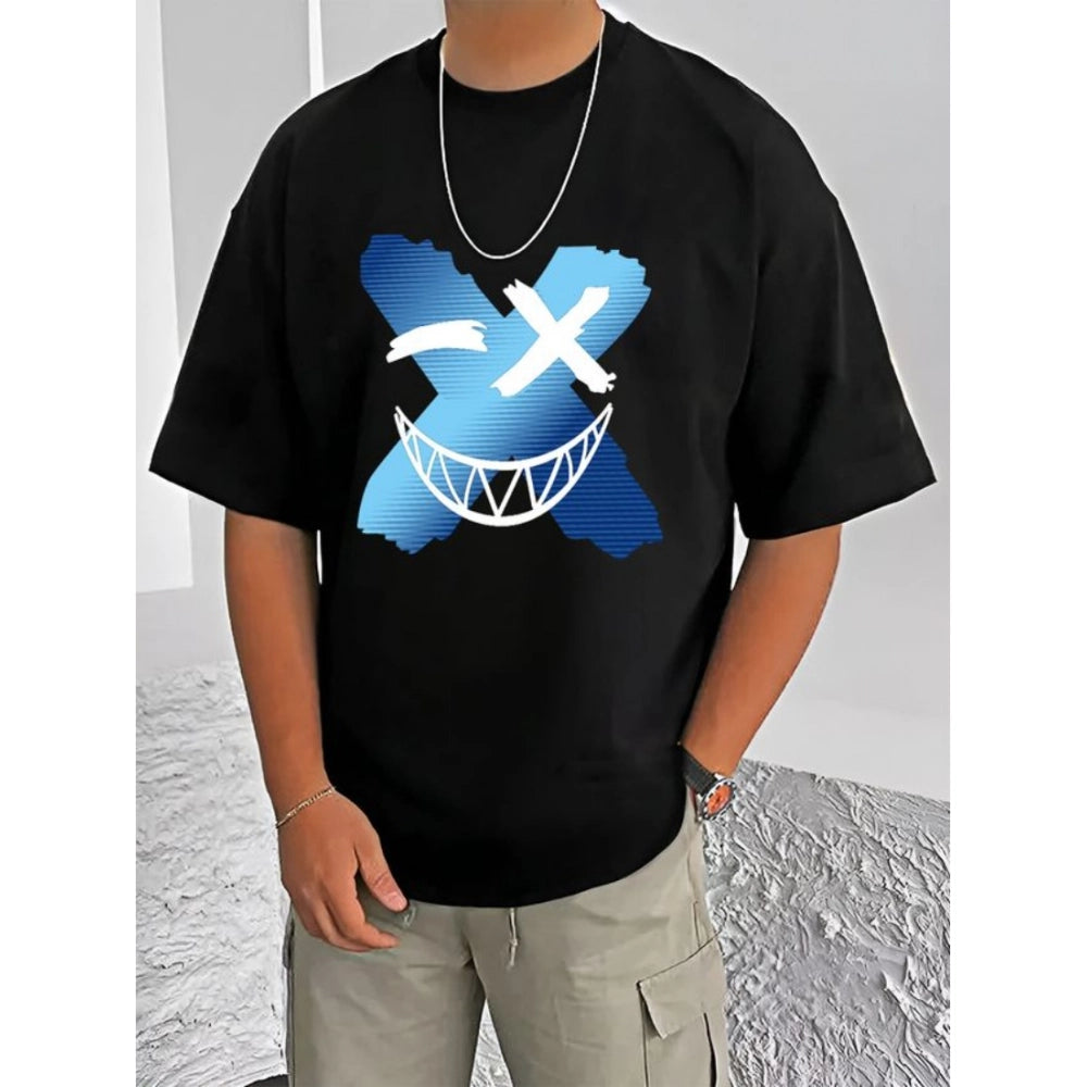 Black cotton blend men's casual t-shirt with printed design, half sleeve, round neck