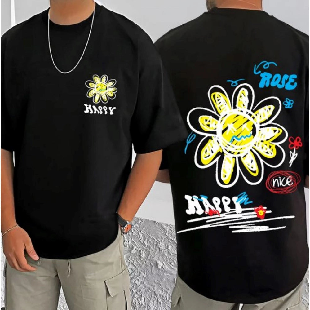 Black cotton blend men's t-shirt with printed design, casual half sleeve round neck style