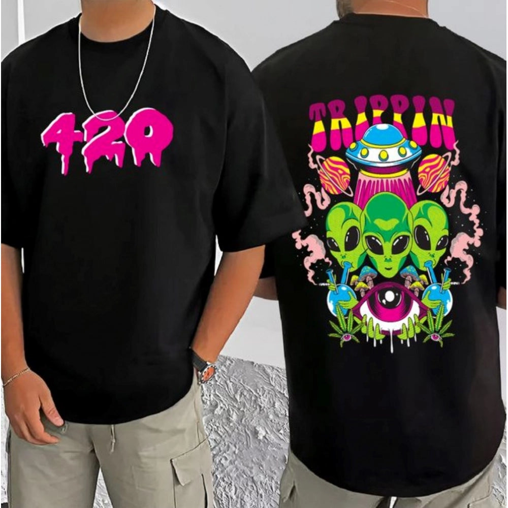 Black cotton blend men's t-shirt with printed design, round neck, half sleeves