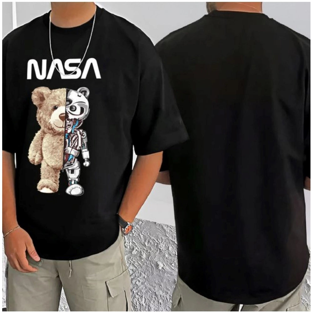 Black cotton blend men's casual printed round neck half sleeve t-shirt, vibrant pattern design