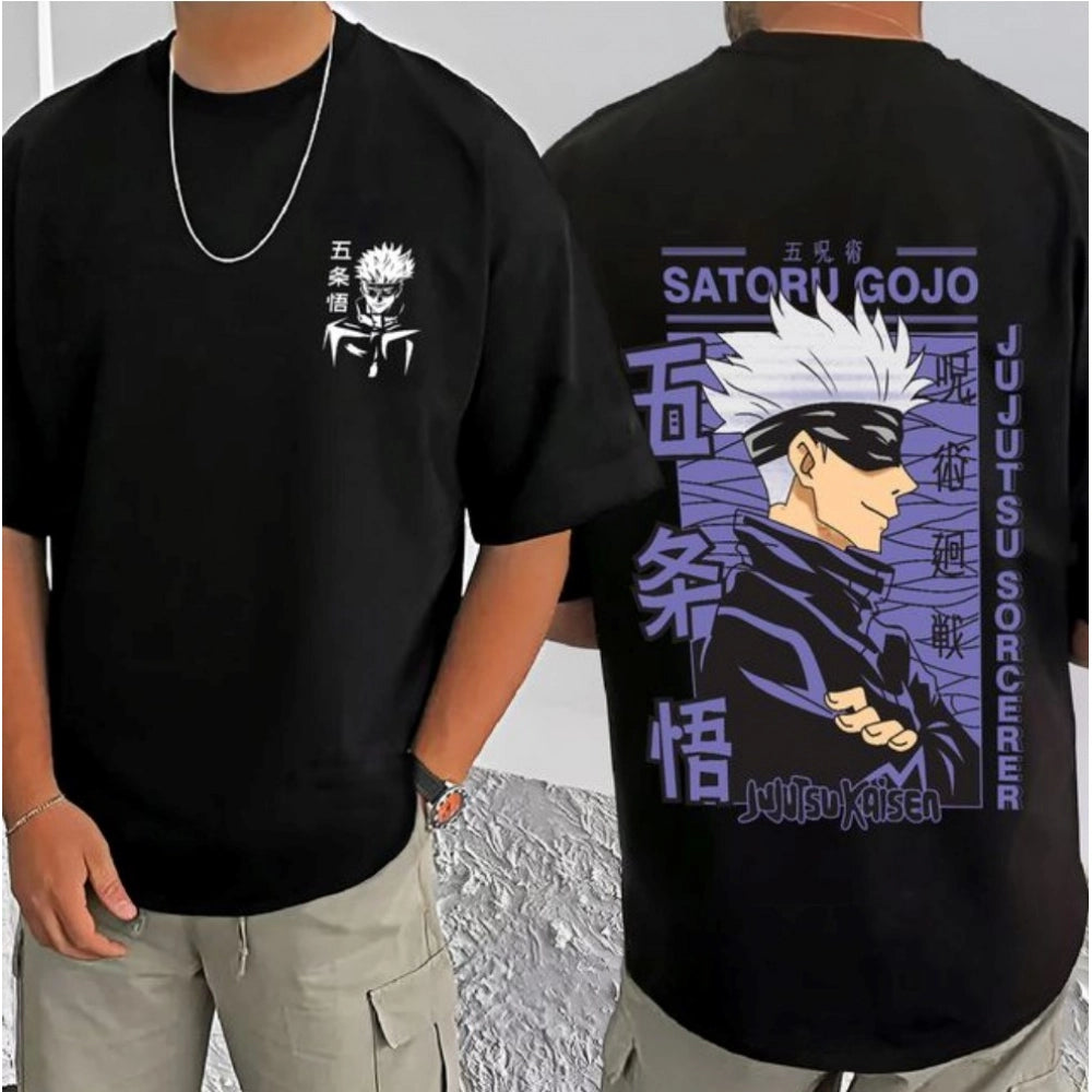 Black cotton blend men's casual t-shirt with printed design, half sleeve round neck