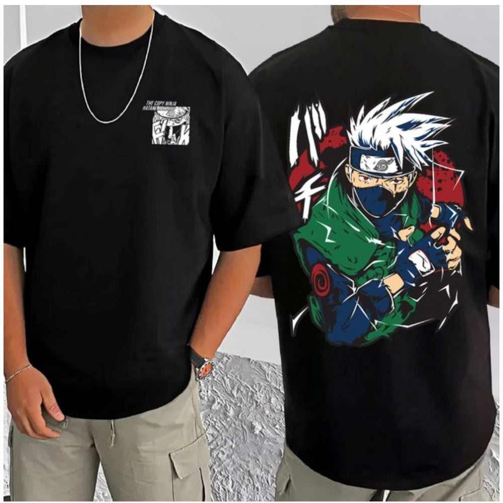 Black cotton blend men's casual t-shirt with printed design, half sleeve and round neck
