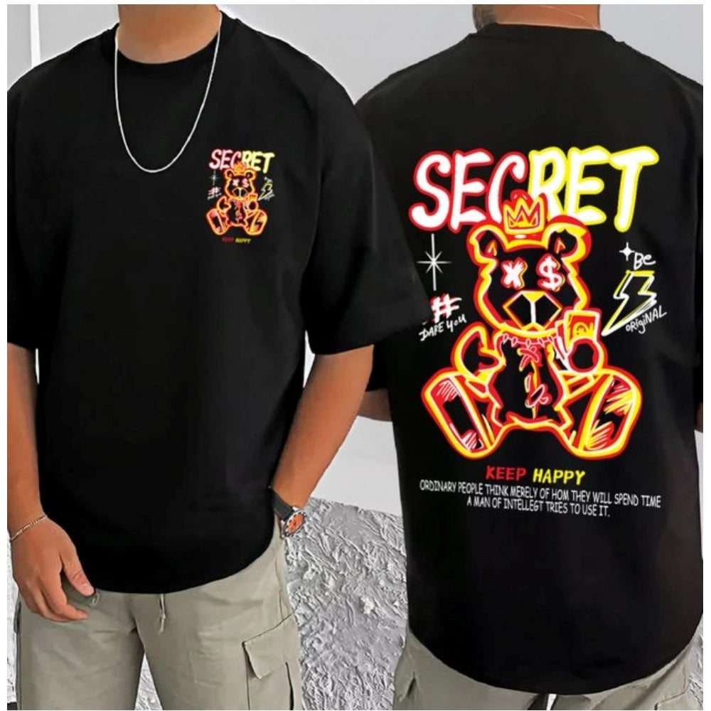 Black cotton blend men's casual printed round neck half sleeve t-shirt with vibrant pattern detail