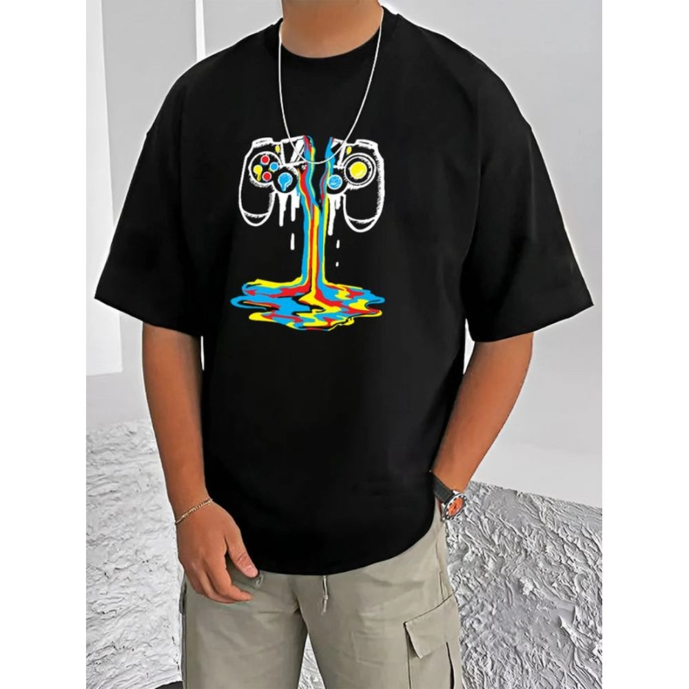 Black cotton blend men's casual t-shirt with printed round neck and half sleeves